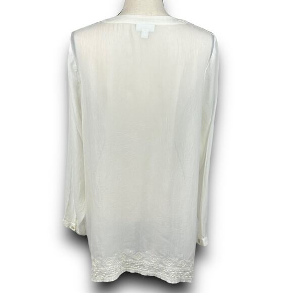 J Jill Cream Vneck Button Front Blouse Top Semi Sheer Embroidered Trim Medium - Picture 5 of 7
